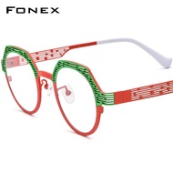 FONEX กรอบแว่นตาไทเทเนียมบริสุทธิ์ผู้หญิงสีสันสดใสกลวงออกแว่นตาหลายเหลี่ยม2024ใหม่ F85815แว่นตาแว่นสายตาสั้นผู้ชาย
