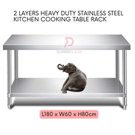 L180xW60xH80cm 2 Tiers Stainless Steel Kitchen Table Storage Heavy Duty Cooking Table Rack