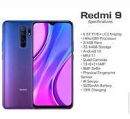 Redmi 9 Ram 4\64 Nominus masih mulus fullshet second rasa baru garansi resmi indonesia