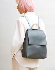 上班族淑女風簡約流線型素皮革筆電後背包 多間格拼色背帶炭灰色