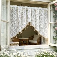 White Flower Woven Lace Short Curtain Swag Valance with Luxury Beads for Arched Door Rod Pocket Scal