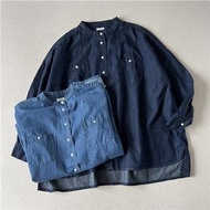日本 Bliss Bunch 藍色牛仔棉 波點圖案 圓領 長袖 鈕扣 恤衫