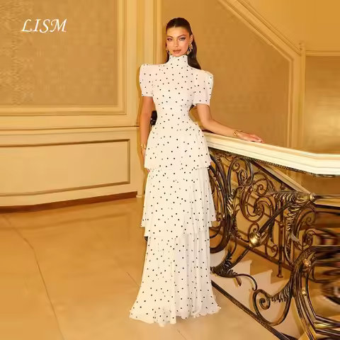 LISM Tiered Polk Dot Evening Dresses Silk Satin Short Sleeves Long Elegant Prom Dresses Customized ف
