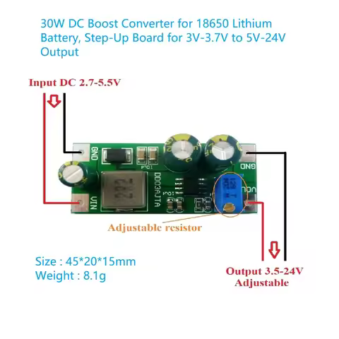 30W DC Boost Converter for 18650 Lithium Battery, Step-Up Board for 3V-3.7V to 5V-24V Output