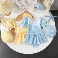 Girls Checkered One-Piece Swimsuit + Swim Cap (matching swim hat) Set / 2 Color(Sky Blue+Yellow) / 2
