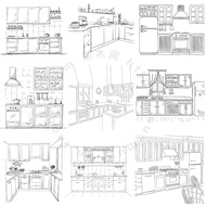 Hand-Painted Kitchen Illustration Black White Line Drawing Home Cooking Environmental Layout Line Dr