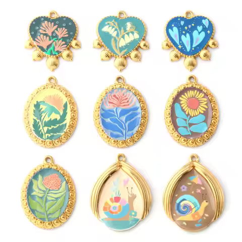1 Piece 304 Stainless Steel Pendants 18K Gold Plated Multicolor Flower Snail Printed Heart Oval Char