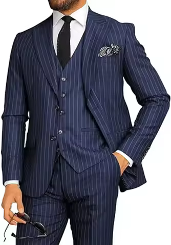 3 Piece Set Men's Fine Stripe Elegant Suit Blazer Lapel Vest & Pants High Quality Custom Suit for Me