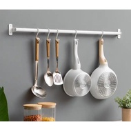 GANTUNGAN 81cm rail hanger with 5pcs white hooks, spatula and teflon pan hanger, kitchen hanging rac