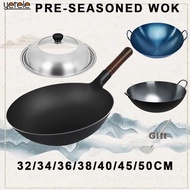 Pre-Seasoned Traditional Wok Non-coated Carbon Steel Pow Wok Non-stick Wok With Wooden Cast iron wok老式无涂层铁锅不粘锅木柄