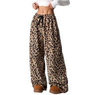 Women Casual Trousers Elastic Waistband Drawstring Tie Pajama Bottoms Leopard Print Wide Leg Lounge 