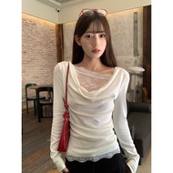 White lace lace long-sleeved T-shirt for women in early spring design pure and slanted shoulders inn