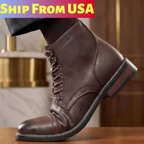 CAPTAIN ANKLE BOOTS Men's Vintage Combat Boots Lace-Up Cap Toe Ankle BOOTS