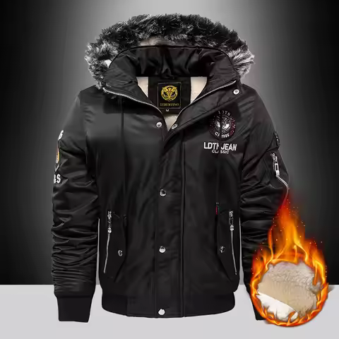 Men's Winter Warm, Hooded Jacket with Raw Edge, Lined Aviator Jacket, Embroidered Badge Design, Wind