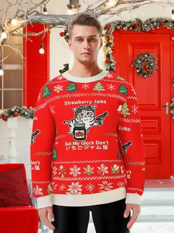 Men's Holiday Strawberry Jam Cat Christmas Ugly Sweatshirt 2026 New Autumn Fashion Long Sleeve Round