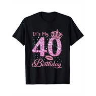 Its My 40th Birthday Queen Celebration Tee - Black Cotton with Pink Crown & Diamond Design, Casual R