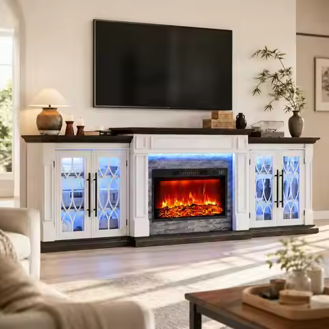 104" Fireplace TV Stand, Electric Fireplace Mantel with Power Outlet, Custom