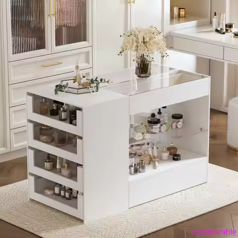 "47.2" Closet Island w/Glass Top & 8 Drawers - Jewelry Display Cabinet for Walk-in/Dressing Room"