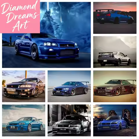 Frameless,GTR R34 4K Wallpaper Full Diamond Rhinestones Painting Classic Sports Car Cross Stitch Kit