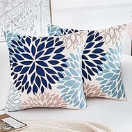 Decorative Pillow Covers 18x18 Inch Blue Brown Dahlia Outdoor Sofa Couch Throw Pillow Covers Modern Farmhouse Geometry Floral Linen Spring Summer Square Cushion Shams for Home Bed Living Room 2 Pack