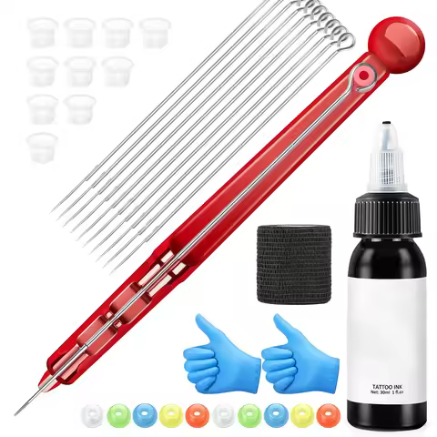 1 Set Hand Poke Pen and Stick Tool Tattoo Needle Holder Tattoo Ink Cup Pigment Glover Grommet Bandag