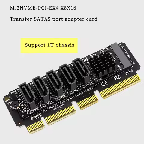 JonISerl PH56+1U PCIE3.0 M.2 M Key X4 X8 X16 to 5Ports SATA III Expansion Card 6Gbps with LED Indica