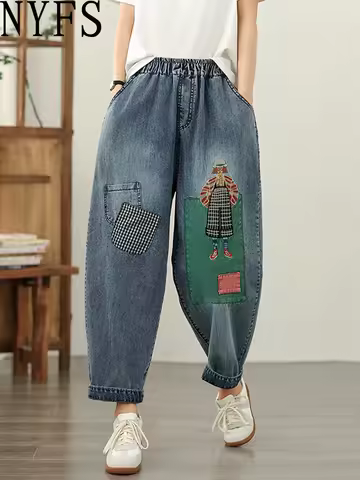 NYFS 2025 Vintage Patch Embroidery Women's Jeans Loose plus Size Thin Elastic Waist Denim Trousers S