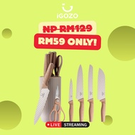 iGOZO Cream Kitchen Knife Set with Knife Block (6 Pieces Knife Set)