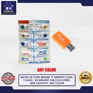 MICRO SD CARD READER, TF MEMORY CARD, T-FLASH / SD MEMORY USB 2.0 HI-SPEED, 8GB CAPACITY, ANY COLOR
