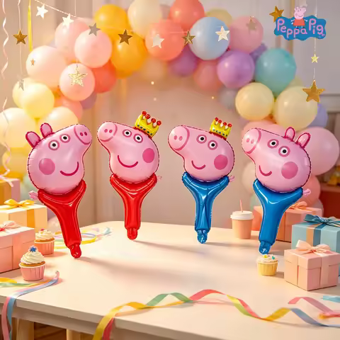 Peppa Pig Cartoon Pig Head Handheld Foil Balloon Sticks, Kids Party Supplies