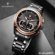 Maserati 手錶 男士石英錶 鋼帶錶 夜光三眼計時手錶 瑪莎拉蒂手錶 大直徑防水男錶 黑色鋼鏈商務休閒男士腕錶R8873612016