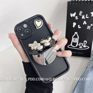 Suitable for IPhone 11 12 Pro Max X XR XS Max SE 7 Plus 8 Plus IPhone 13 Pro Max IPhone 14 15 Pro Max Black Colour Phone Case with Mirror Cute Rabbit Heart Knot Accessories