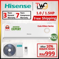 [FREE SHIPPING] Hisense 1.0 / 1.5HP R32 Cute Kitten Inverter Aircond / Self Cleaning / Gold Fin / Ap
