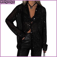 Womens Sequin Button Down Shirt Long Sleeve Lapel Shiny Blouse Ladies Casual Loose Fit Top for Work 