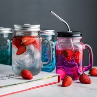 ❁Glass cold drink with lid straw sealed jar juice milkshake drink handle water cup ☈✍