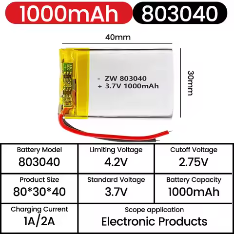 803040 1000mAh 3.7V Li-Polymer Li-ion Battery +PCB Protection Board for Beauty Instruments Bluetooth