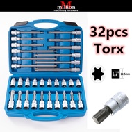 millionhardware - 32pcs 1/2 inch 1/2'' T20-T70 Torx Socket Wrench Kit Hand Repair Tool Set Torx Wren