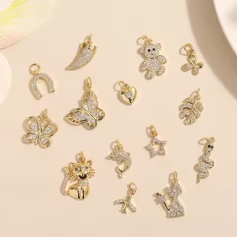 BenS 14 styles Brass cubic zirconia charms for Jewelry Making gold plated Butterfly/Bear/Cat pendant