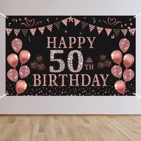 Female 50th Birthday Decoration - Rose Gold 50th Birthday Banner Background 50th Birthday Party Supp