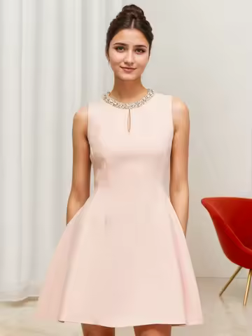 Summer Women's Clothing Sleeveless Beaded Square Neck High Waist Short Dress For Woman Elegant Pakis