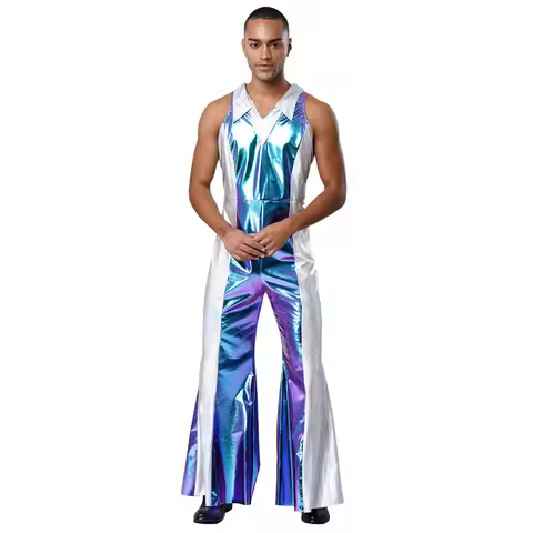 Men's Halloween Carnival Alien Robot Astronaut Cosplay Romper Holographic 70s 80s Disco Prom Dance P