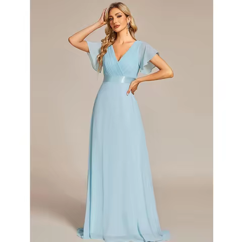 LoveDoris Chiffon Bridesmaid Dress Sky Blue Evening Prom Dress Long Wedding Dress Short Sleeves V-Ne