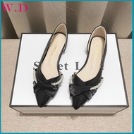 WD pointed toe heels for women with block heels fashion French style pearl flats doll shoes Yoga