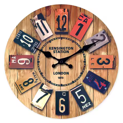 A Creative Vintage Wooden Density Board Veneer Decorative Wall Clock, 1873 London Kensington Station