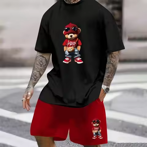 Men's fashion 3D teddy bear printed T-shirt shorts 2-piece set summer breathable fashion breathable 