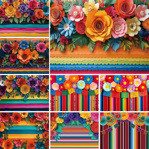 Mexican Carnival Backdrop May 5th Cinco DeMayo Colorful Stripes Paper Flowers Cactus Hat Adult Birth