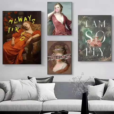 Funny Altered Vintage Portrait Flowers Quotes Canvas Painting Female Graffiti Posters Prints Gallery