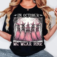 In October We Wear T-Shirt, Breast Cancer Awareness Pink Halloween Witch Shirt, Cancer Ribb
