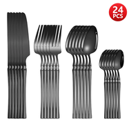◐ABSOLUTE◐ 4/6/16/24pcs Black stainless steel tableware set Home kitchen tableware Hotel Western ste
