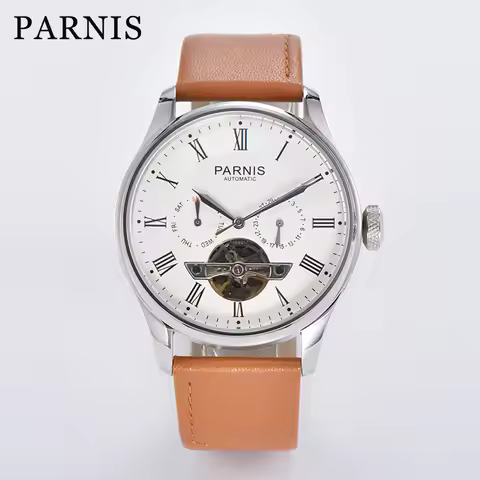 Parnis 43mm Automatic Power Reserve Men Watch Flywheel Dial Genuine Leather Strap